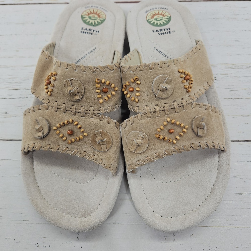 Earth Shoe Conway Slide Sandals Womens 10.5 Tan Suede Beaded Whipstitch Boho - Picture 2 of 11
